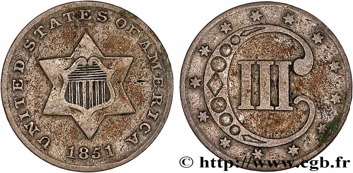 STATI UNITI D AMERICA 3 Cents 1851 Philadelphie q.BB 
