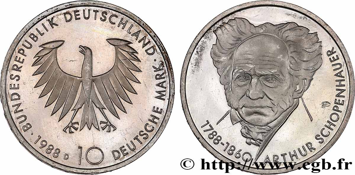 GERMANIA 10 Mark Proof Schopenhauer 1988 Munich MS 