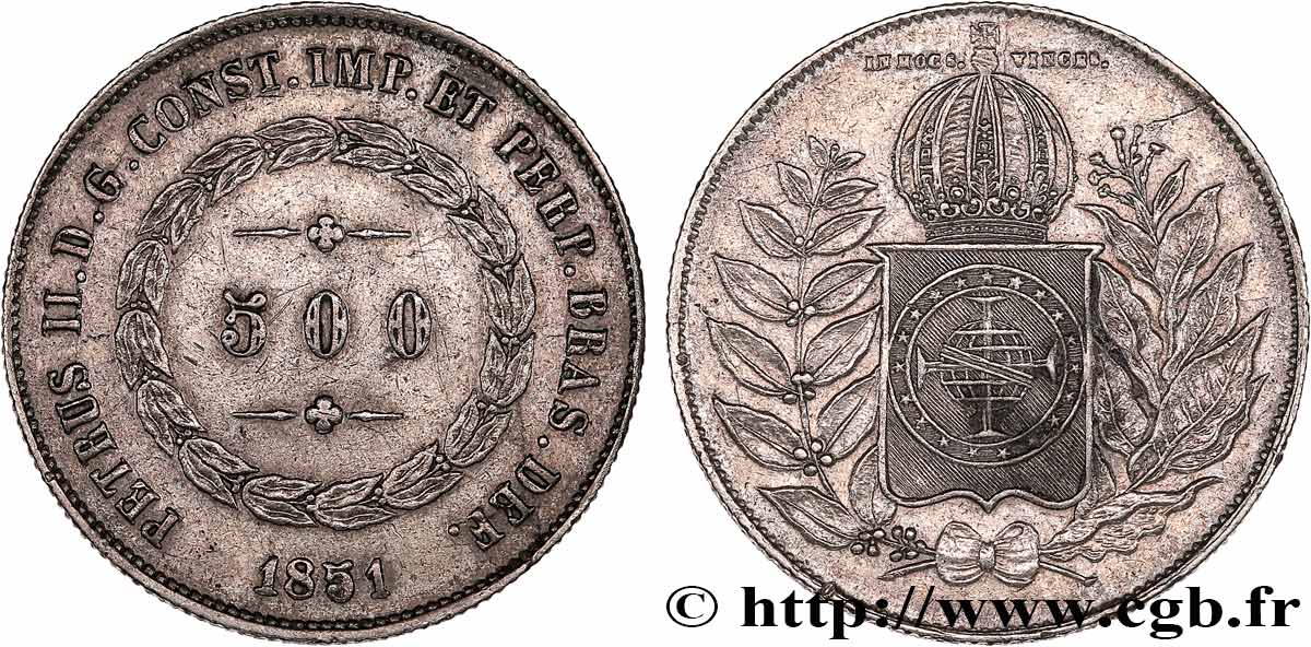 BRAZIL - EMPIRE OF BRAZIL - PETER II 500 Reis  1851  XF 