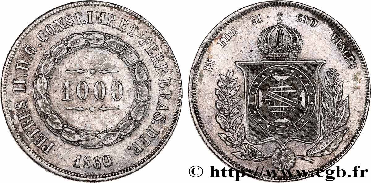 BRAZIL - EMPIRE OF BRAZIL - PETER II 1000 Reis  1860  AU 