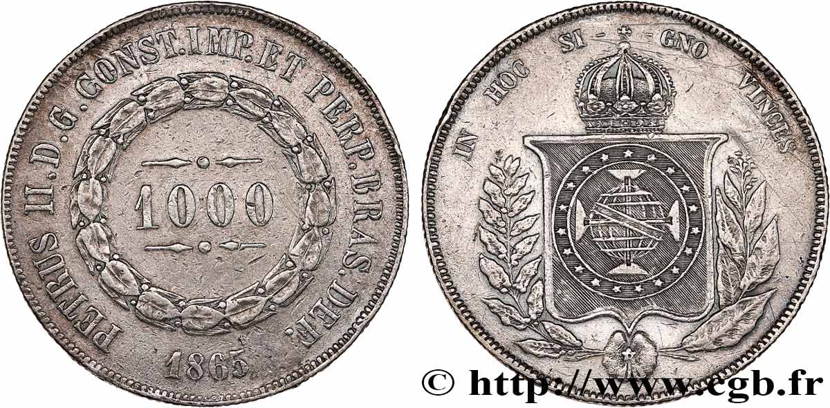 BRÉSIL - EMPIRE DU BRÉSIL - PIERRE II 1000 Reis  1865  fVZ 