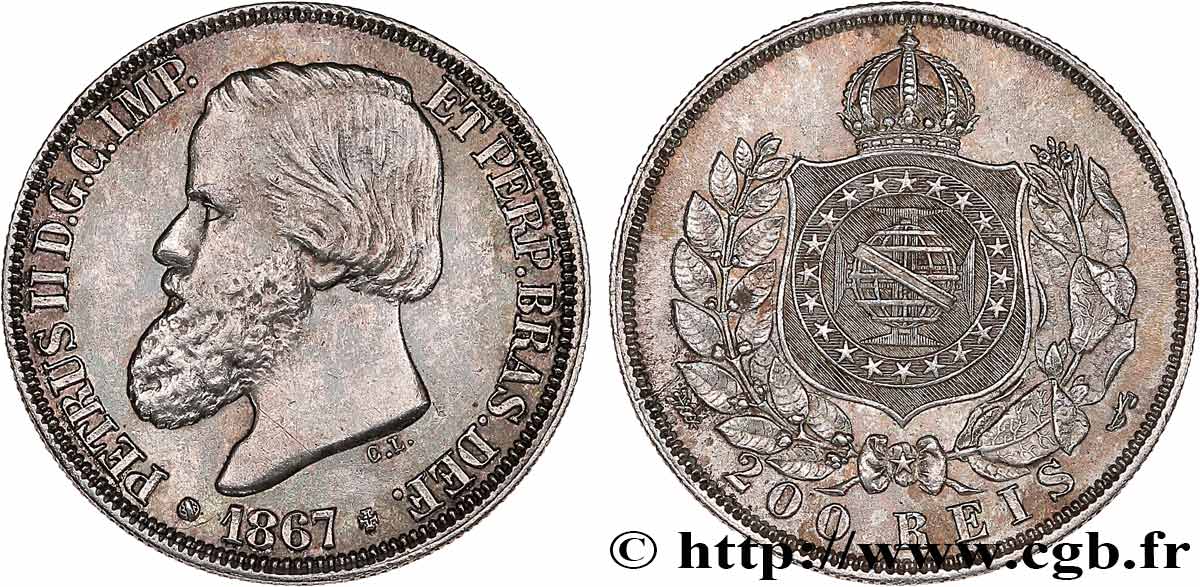 BRÉSIL - EMPIRE DU BRÉSIL - PIERRE II 200 Reis  1867  TTB+ 