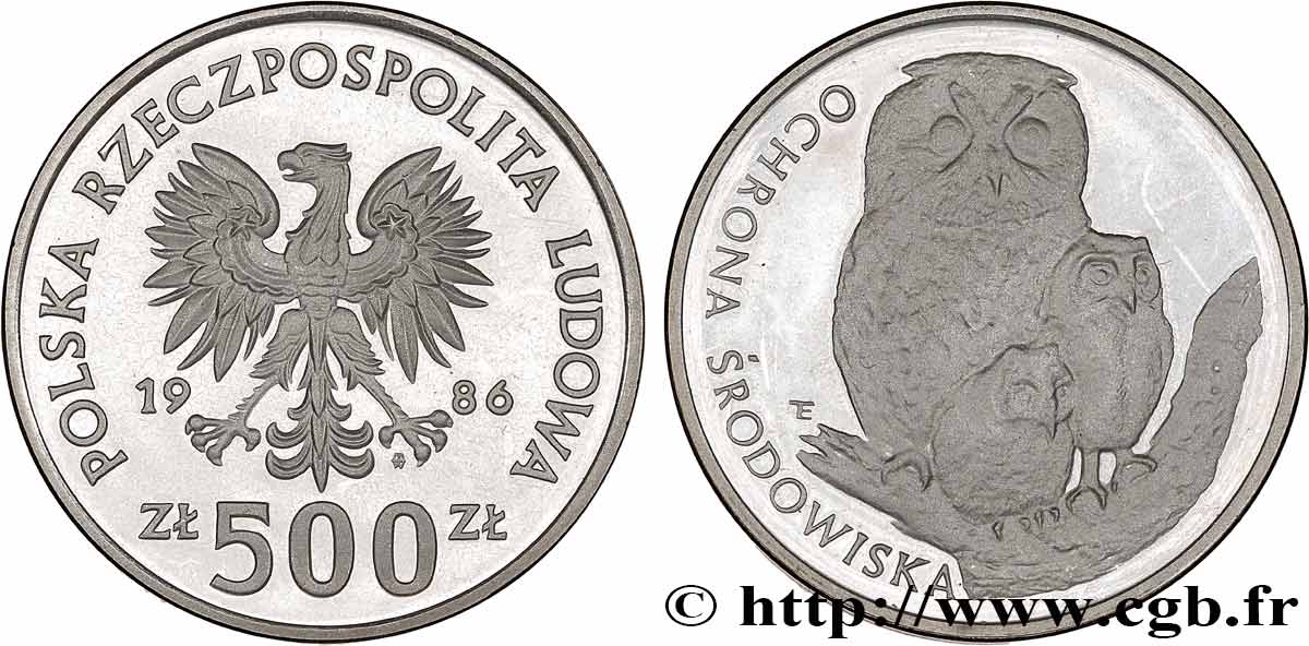 POLAND 500 Zlotych Proof Chouettes 1986 Varsovie MS 
