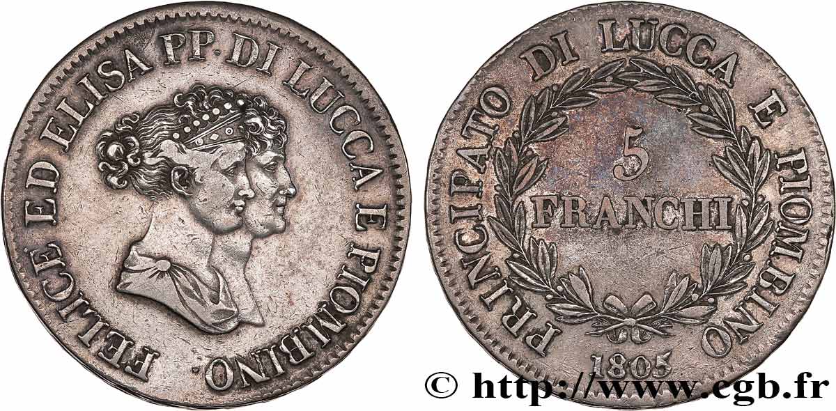 ITALIA - PRINCIPATO DI LUCCA E PIOMBINO - FELICE BACCIOCHI E ELISA BONAPARTE 5 Franchi - Moyens bustes 1805 Florence q.BB 