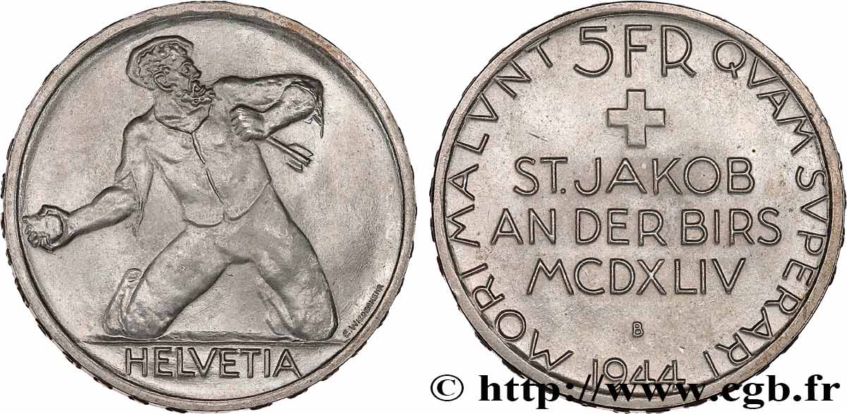 SUISSE 5 Francs 500e anniversaire de la Bataille de Saint-Jacques sur la Birse 1944 Berne SPL 