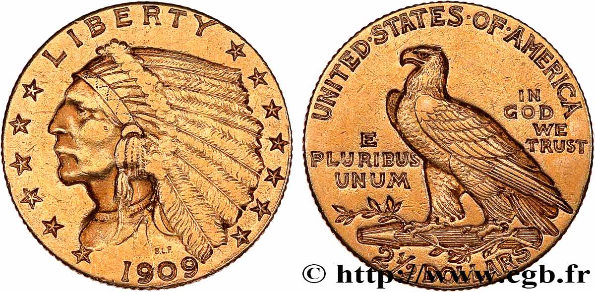 ÉTATS-UNIS D AMÉRIQUE 2 1/2 Dollars  Indian Head  1909 Philadelphie TTB 