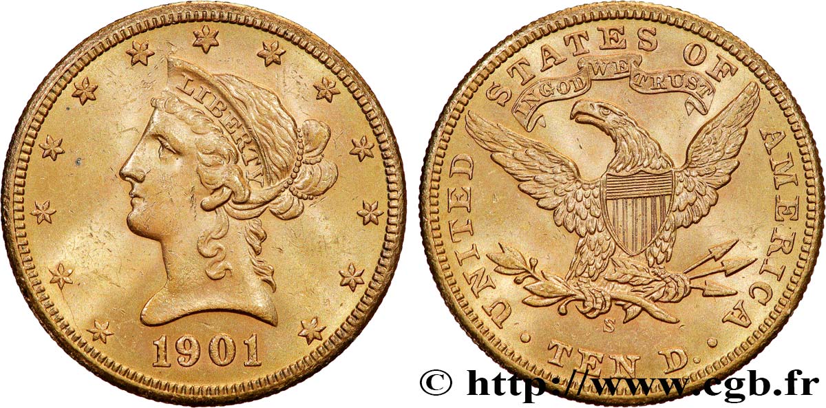 GOLD, PALLADIUM & PLATINUM INVESTMENT 10 Dollars or &nbsp;Liberty&nbsp; 1901 San Francisco AU 