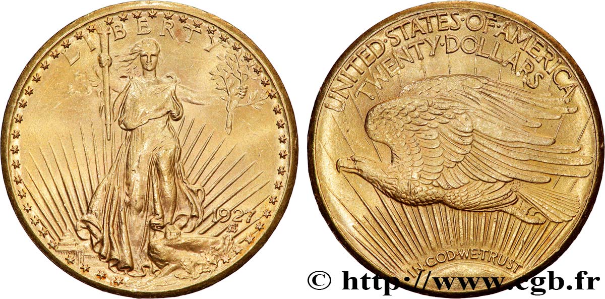 INVESTMENT GOLD 20 Dollars  Saint-Gaudens” 1927 Philadelphie MBC+ 