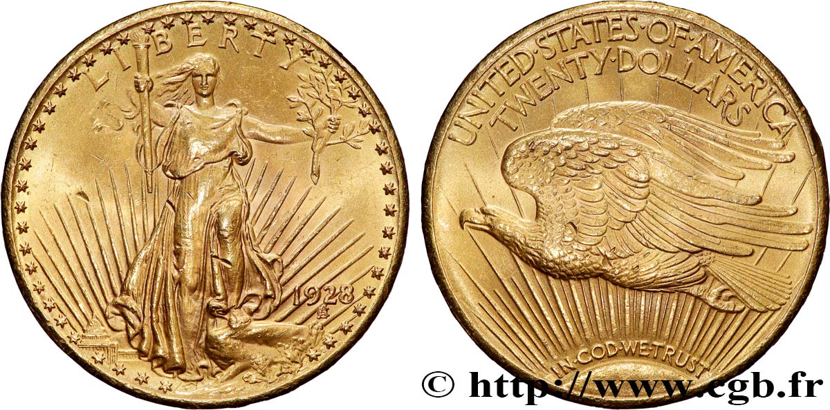 INVESTMENT GOLD 20 Dollars  Saint-Gaudens” 1928 Philadelphie MBC+ 