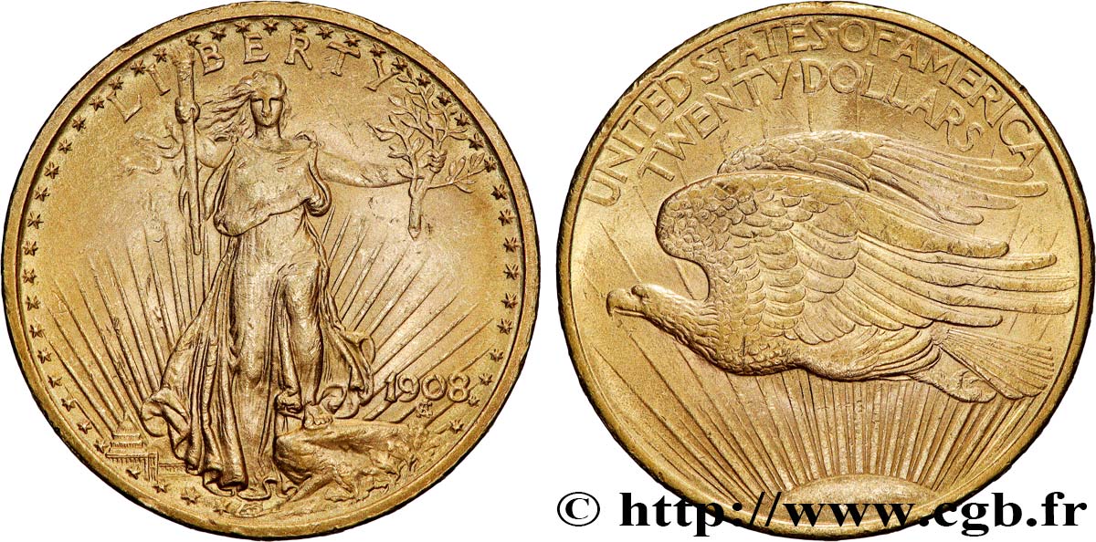 INVESTMENT GOLD 20 Dollars “Saint-Gaudens” 1908 Philadelphie MBC 