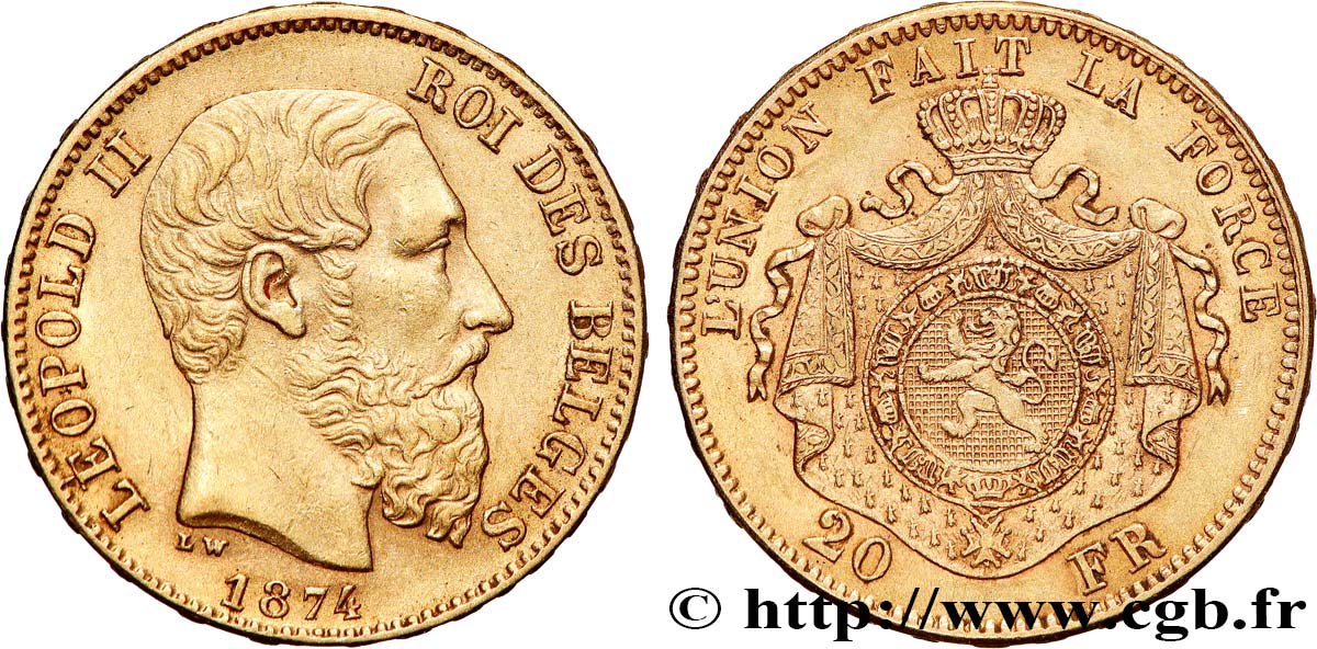 INVESTMENT GOLD 20 Francs Léopold II 1874 Bruxelles XF 