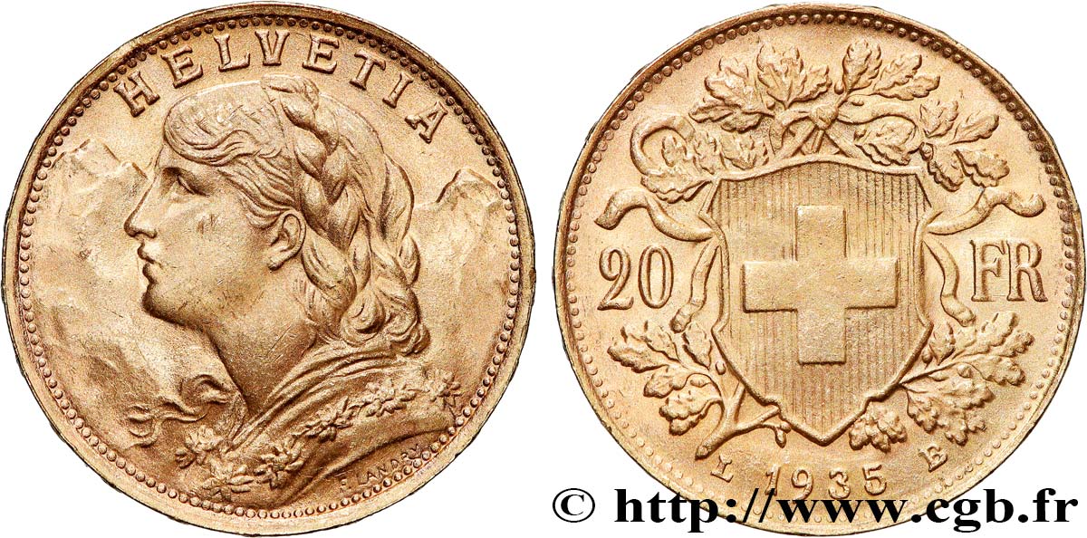 ORO, PALLADIO E PLATINO: INVESTIMENTI 20 Francs &nbsp;Vreneli&nbsp;  1935 Berne SPL 