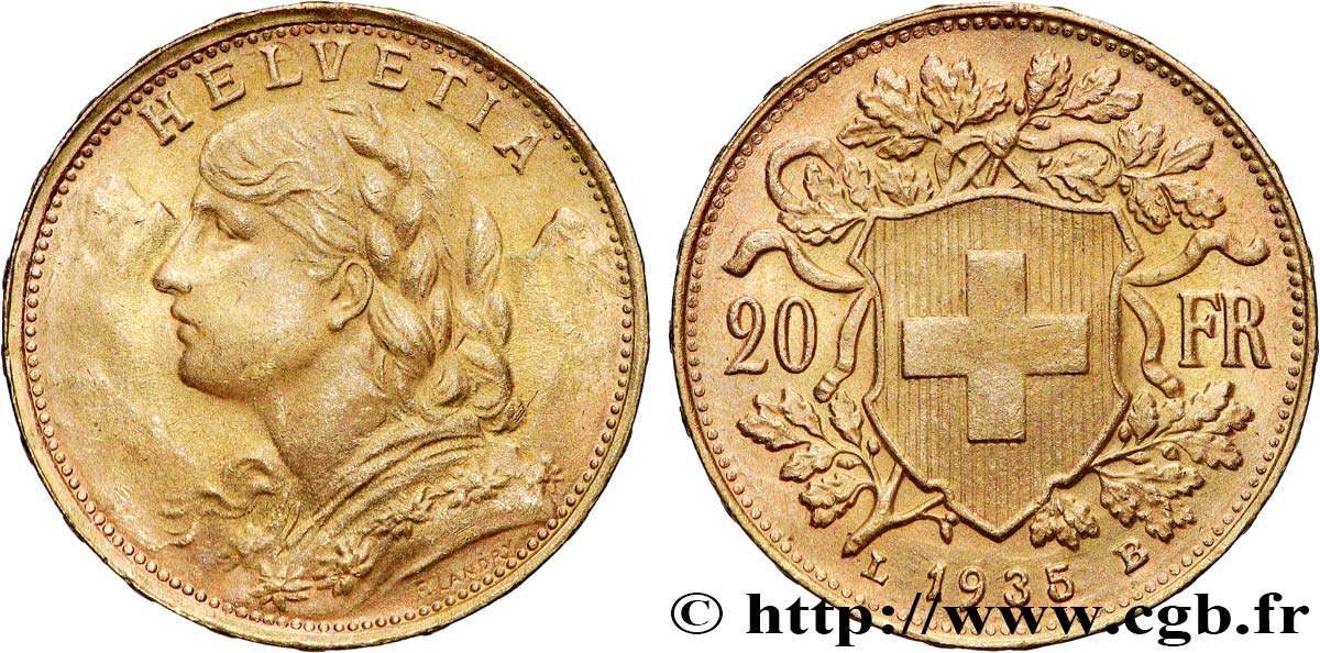 OR, PALLADIUM ET PLATINE INVESTISSEMENT 20 Francs  Vreneli   1935 Berne SUP 