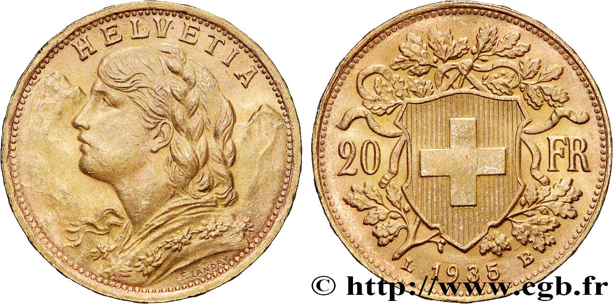 OR, PALLADIUM ET PLATINE INVESTISSEMENT 20 Francs  Vreneli   1935 Berne SUP 