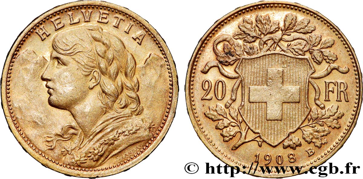 INVESTMENT GOLD 20 Francs  Vreneli   1908 Berne EBC 