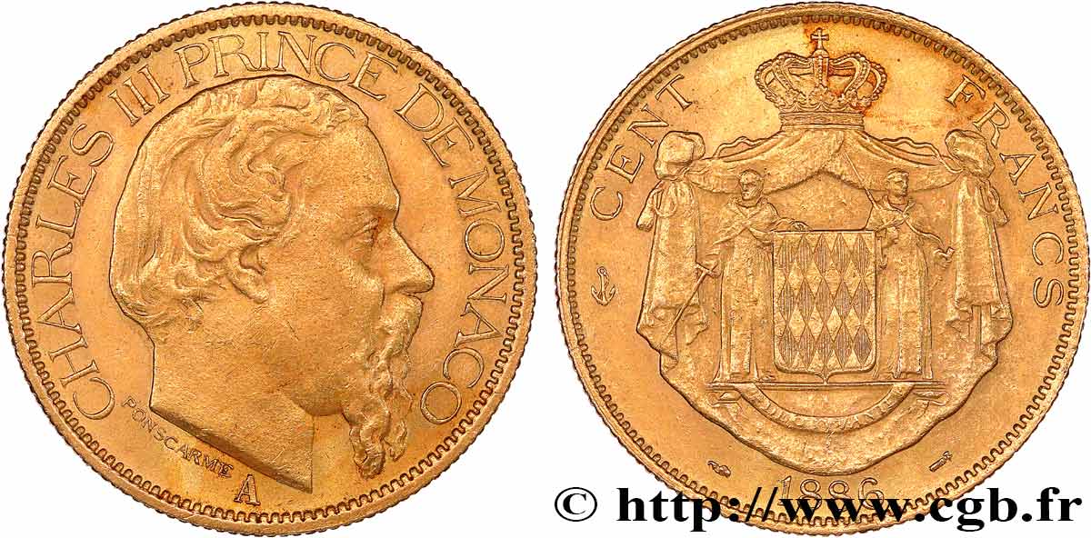 MONACO - PRINCIPALITY OF MONACO - CHARLES III 100 Francs or  1886 Paris XF 