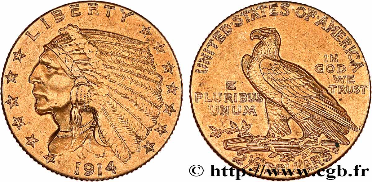 ÉTATS-UNIS D AMÉRIQUE 2 1/2 Dollars or (Quarter Eagle) type “tête d’indien”  1914 Philadelphie TTB 