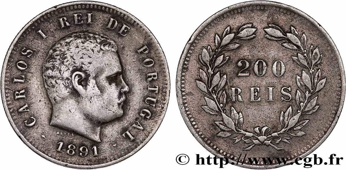 PORTUGAL 200 Réis Charles Ier 1891  VF 