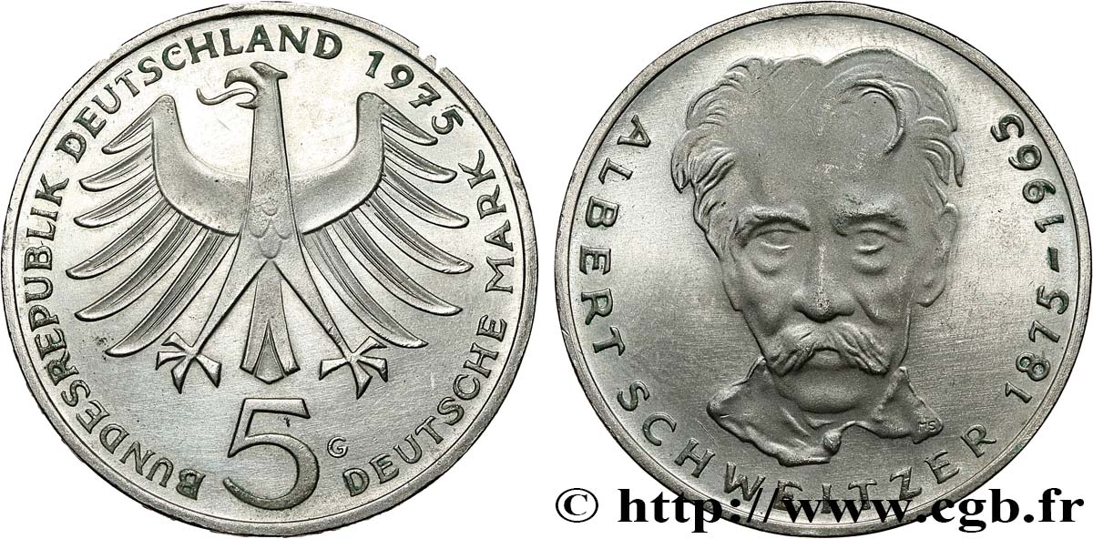 GERMANIA 5 Mark Proof Albert Schweitzer 1975 Karlsruhe - G MS 