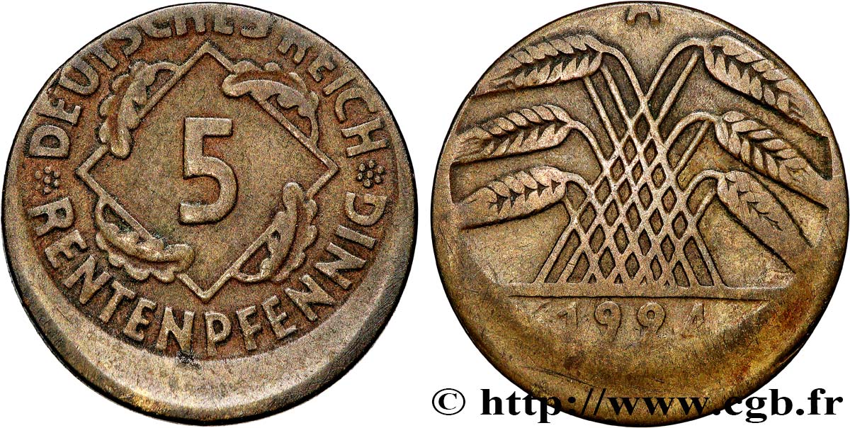 ALLEMAGNE 5 Rentenpfennig fauté de type “casquette” 1924 Berlin TTB 