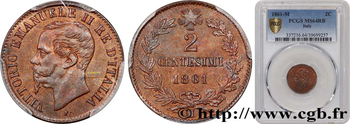 ITALIA 2 Centesimi Victor Emmanuel II 1861 Milan MS64 PCGS
