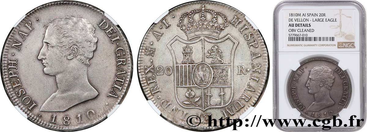 SPAIN - KINGDOM OF SPAIN - JOSEPH NAPOLEON 20 Reales ou 5 Pesetas 1810 Madrid AU NGC