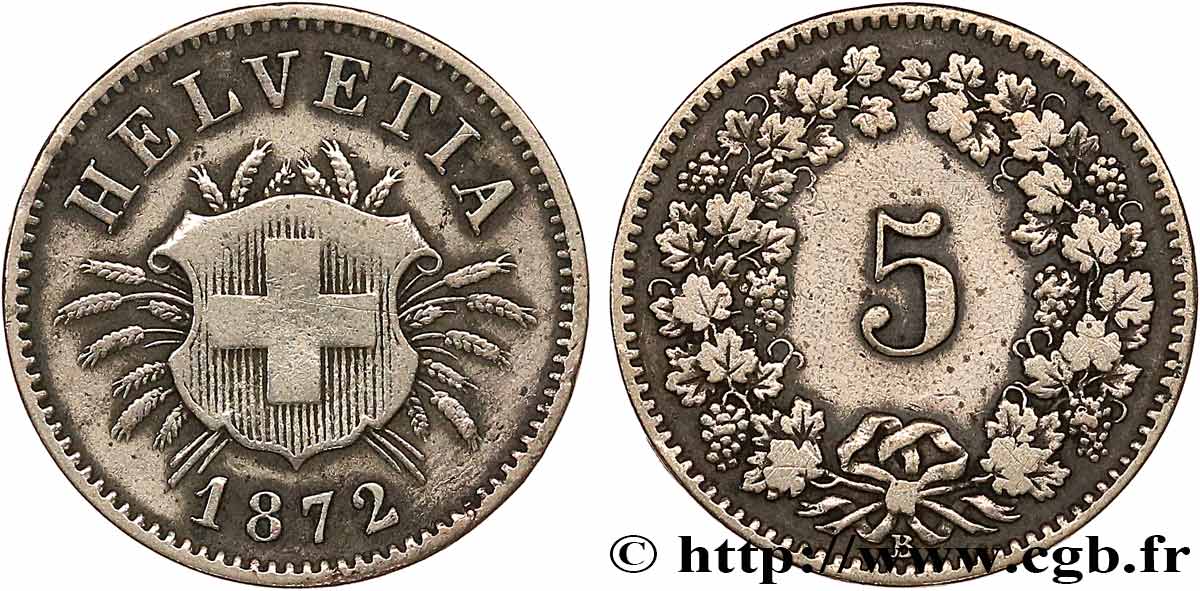 SUISSE 5 Centimes (Rappen) croix suisse 1872 Berne - B TTB 