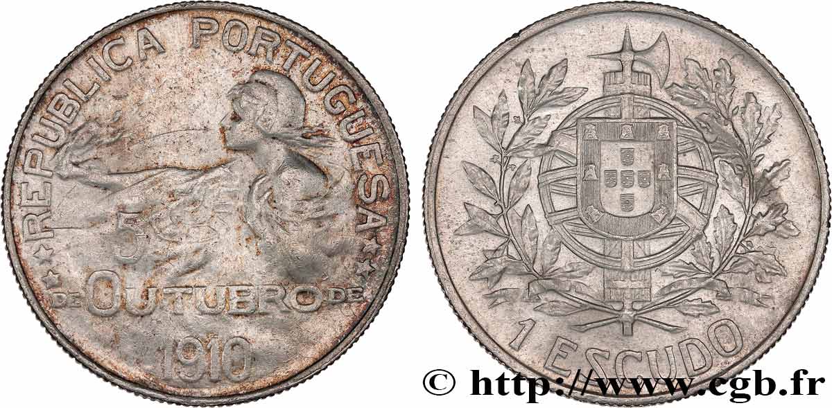 PORTUGAL 1 Escudo naissance de la République (frappée en 1914, commémore le 5 octobre 1910) 1910  TTB 