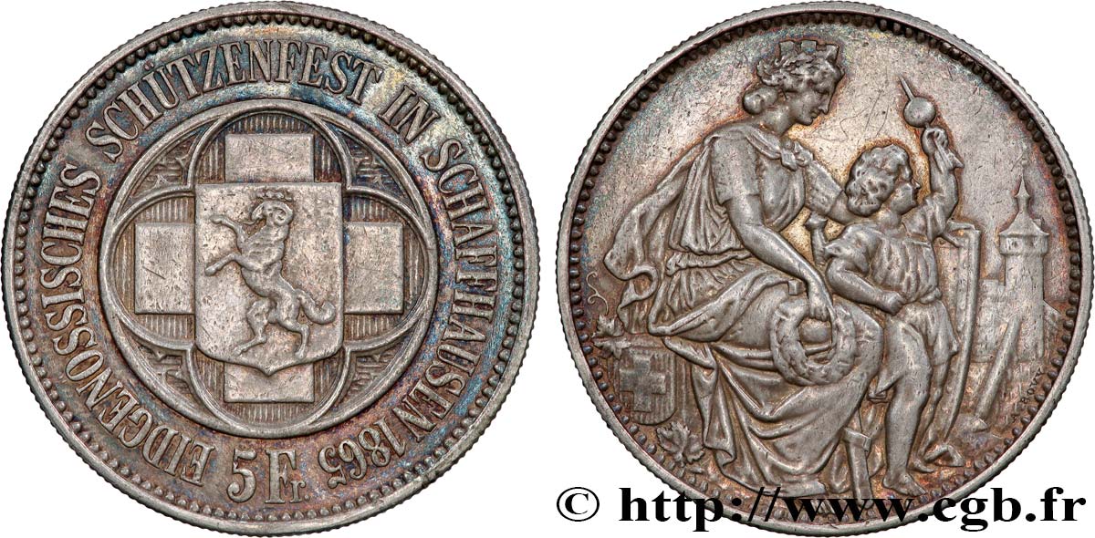 SUISSE 5 Francs Tir de Schaffhouse (Schaffhaussen) 1865  TTB 
