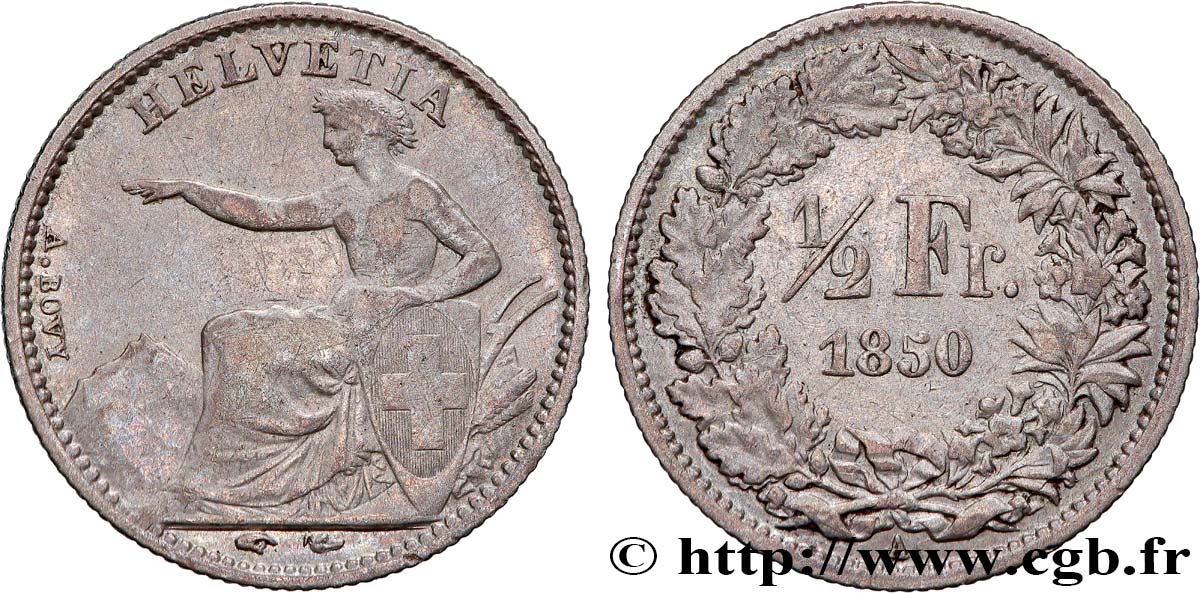 SUISSE 1/2 Franc Helvetia 1850 Paris TTB 