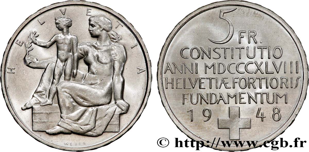 SWITZERLAND 5 Francs centenaire de la constitution suisse 1948 Berne MS 