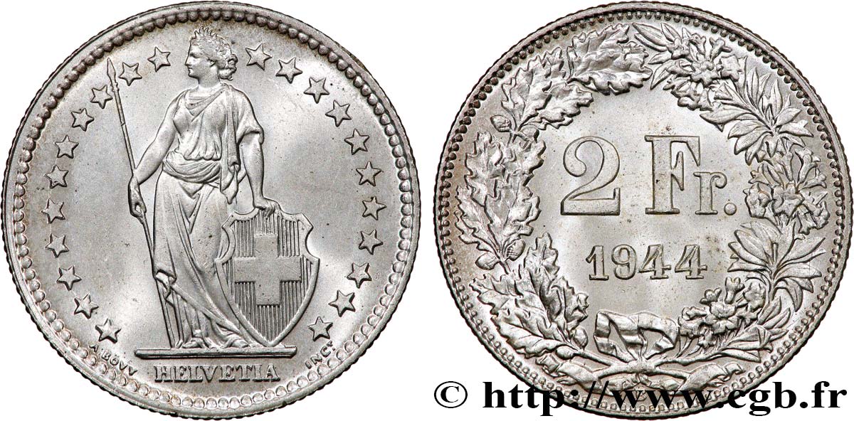 SWITZERLAND 2 Francs Helvetia 1944 Berne MS 