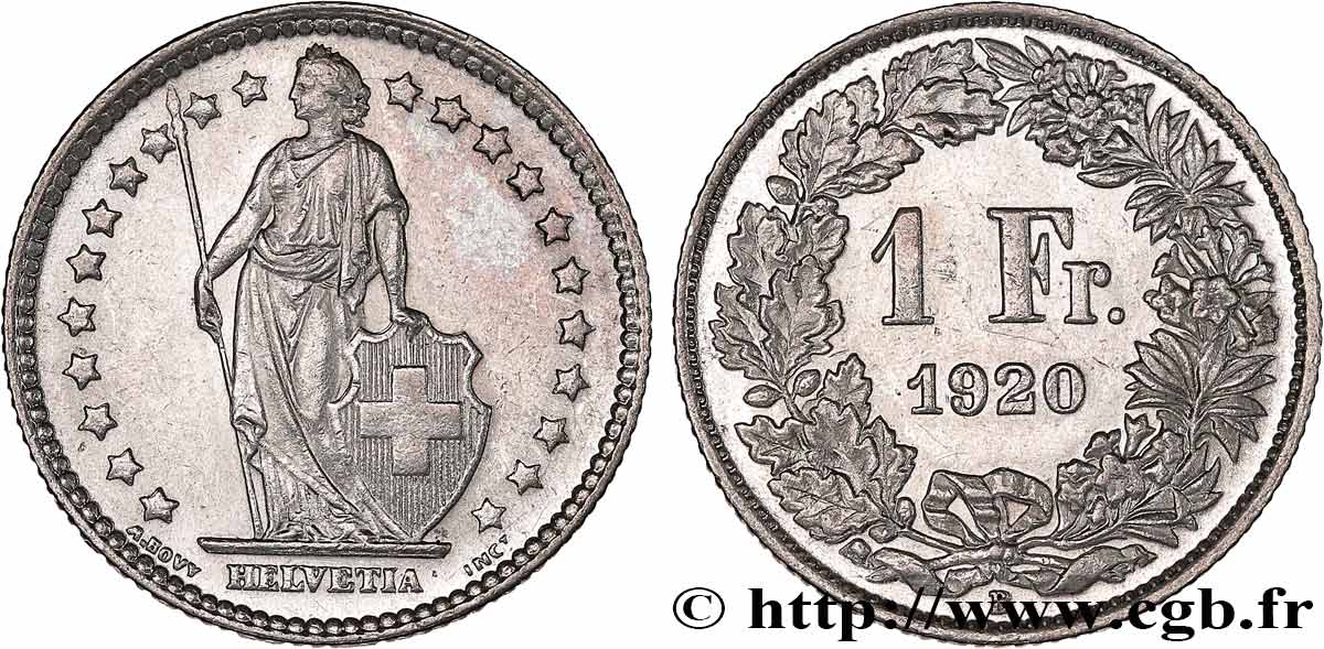 SWITZERLAND 1 Franc Helvetia 1920 Berne AU 