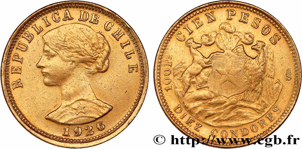 CHILI 100 Pesos or ou 10 Condores en or, 1er type 1926 Santiago TTB 