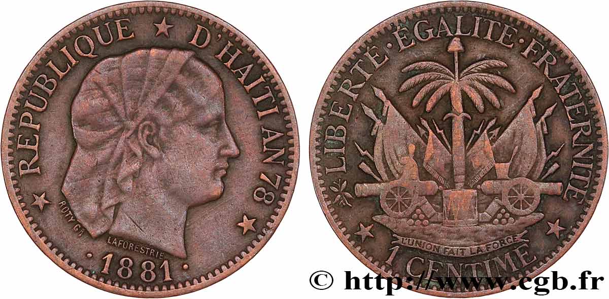 HAÏTI 1 Centime an 78 emblème “Liberté créole” de Roty 1881 Paris TB+ 