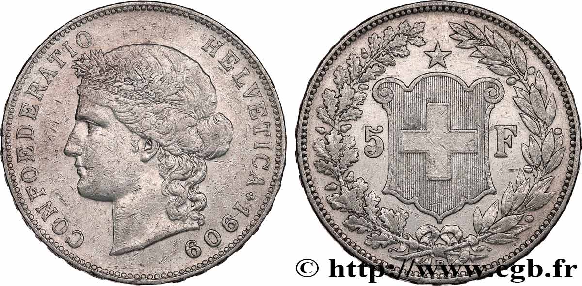 SUISSE 5 Francs Helvetia 1909 Berne TTB 