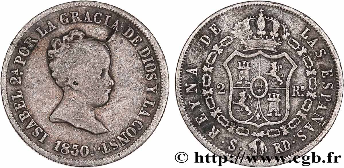 ESPAGNE 2 Reales Isabelle II 1850 Séville TB 