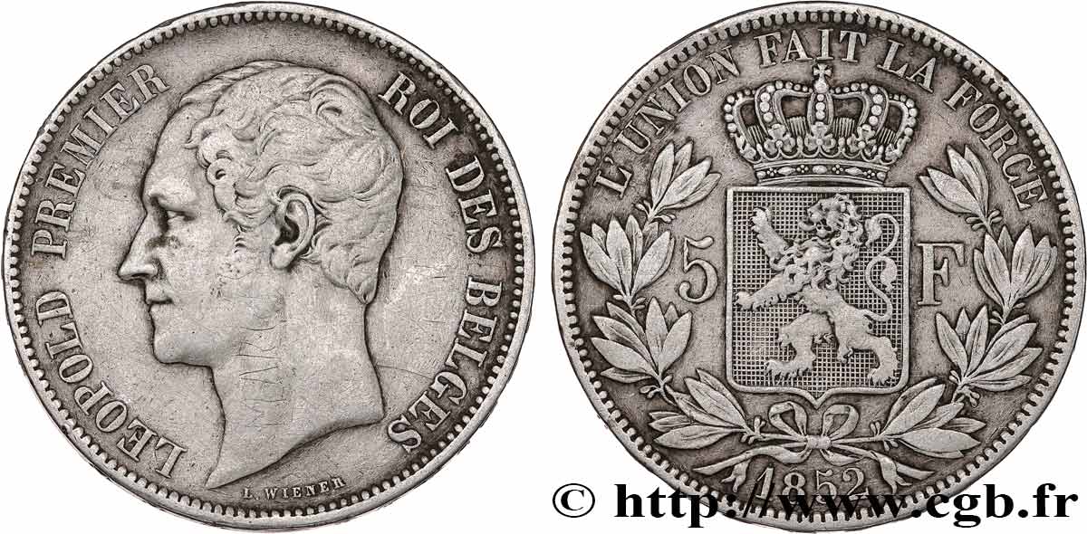 BELGIQUE 5 Francs Léopold Ier 1852 Bruxelles TTB 