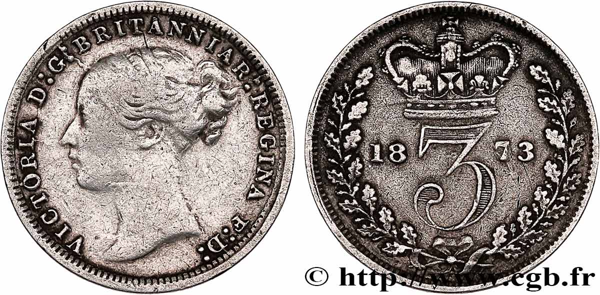 ROYAUME-UNI 3 Pence Victoria “Bun Head” 1873  TB+ 