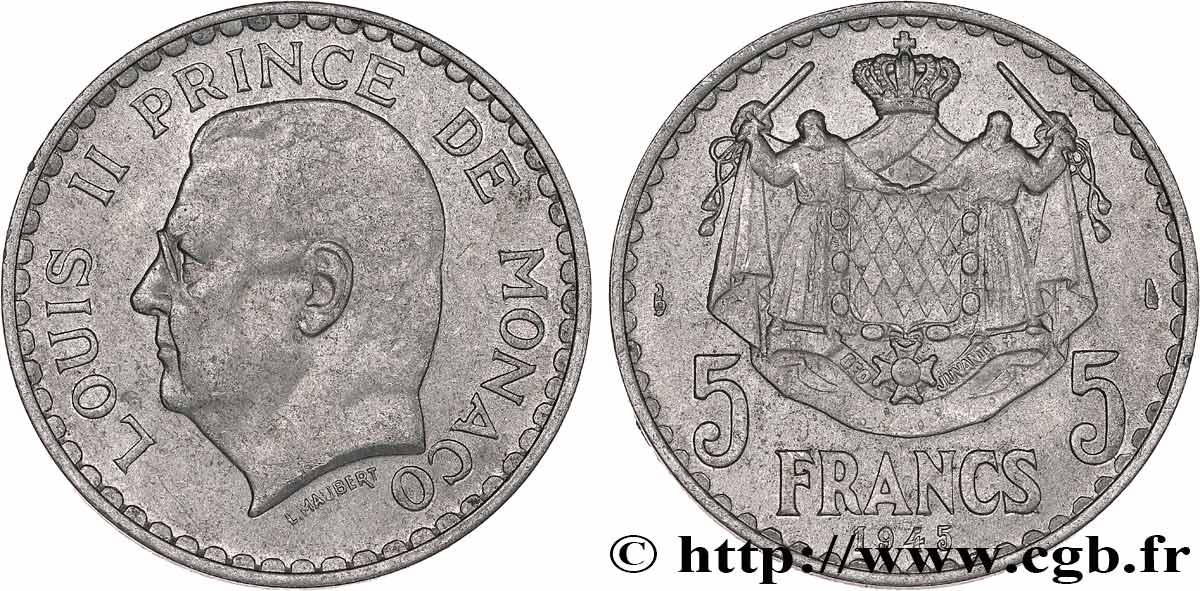 MONACO 5 Francs Louis II 1945 Paris MBC+ 