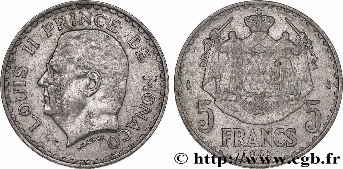 MONACO 5 Francs Louis II 1945 Paris fwo_772263 World coins