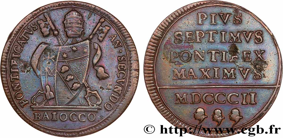 ITALY - PAPAL STATES - PIUS VII (Barnaba Chiaramonti) 1 Baiocco 1802 Rome XF 