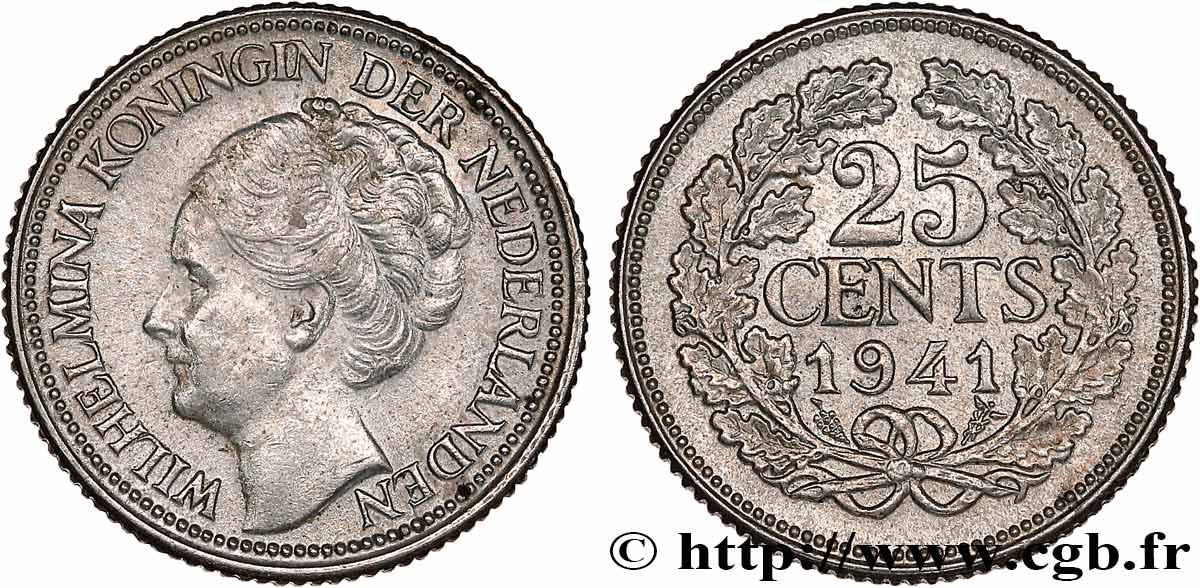 NETHERLANDS 25 Cents Wilhelmine 1941 Utrecht AU 