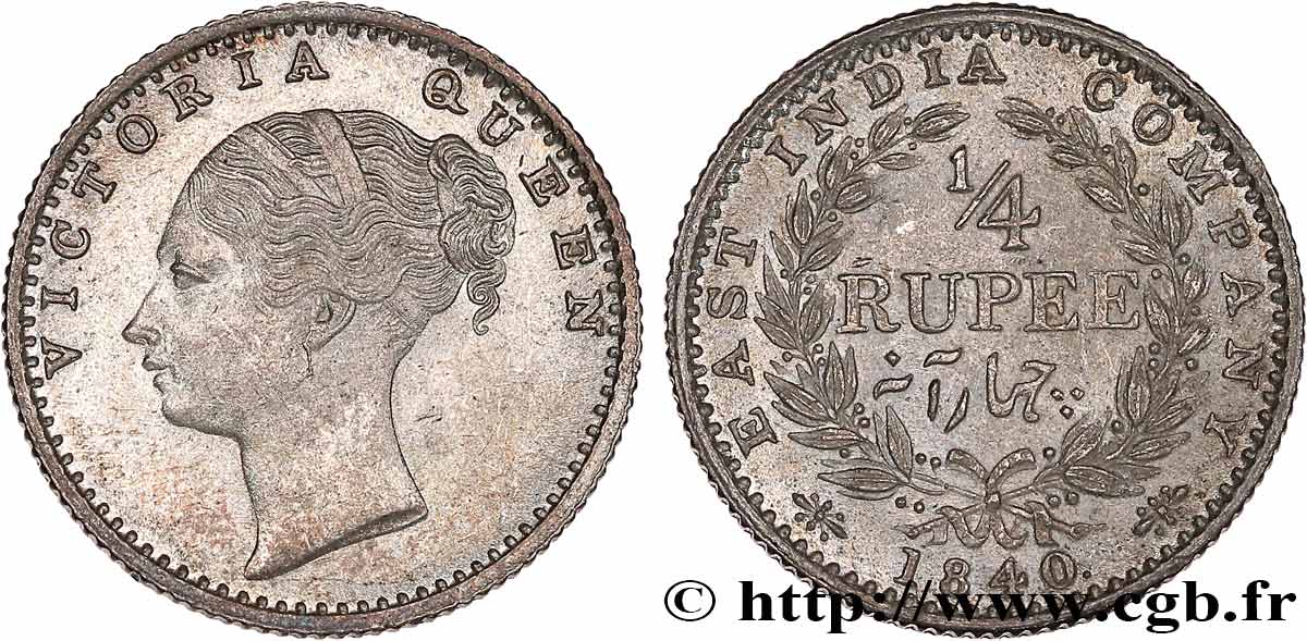 INDES BRITANNIQUES 1/4 Roupie East India Company Victoria 1840  TTB+ 