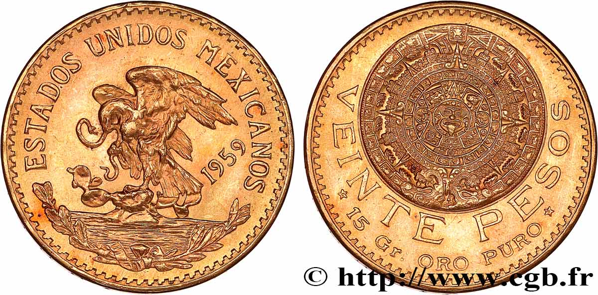 INVESTMENT GOLD 20 Pesos “Pierre du Soleil” (calendrier aztèque) 1959 Mexico SPL 
