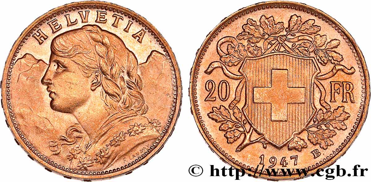 OR, PALLADIUM ET PLATINE INVESTISSEMENT 20 Francs or  Vreneli  1947 Berne SUP 