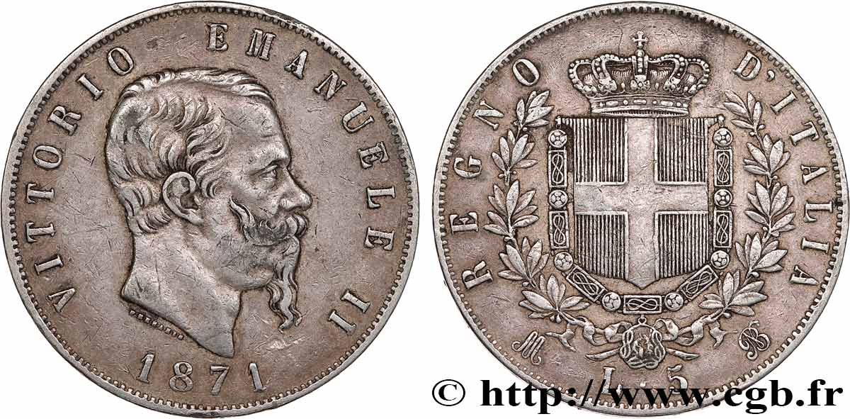 ITALY 5 Lire Victor Emmanuel II 1871 Milan VF 