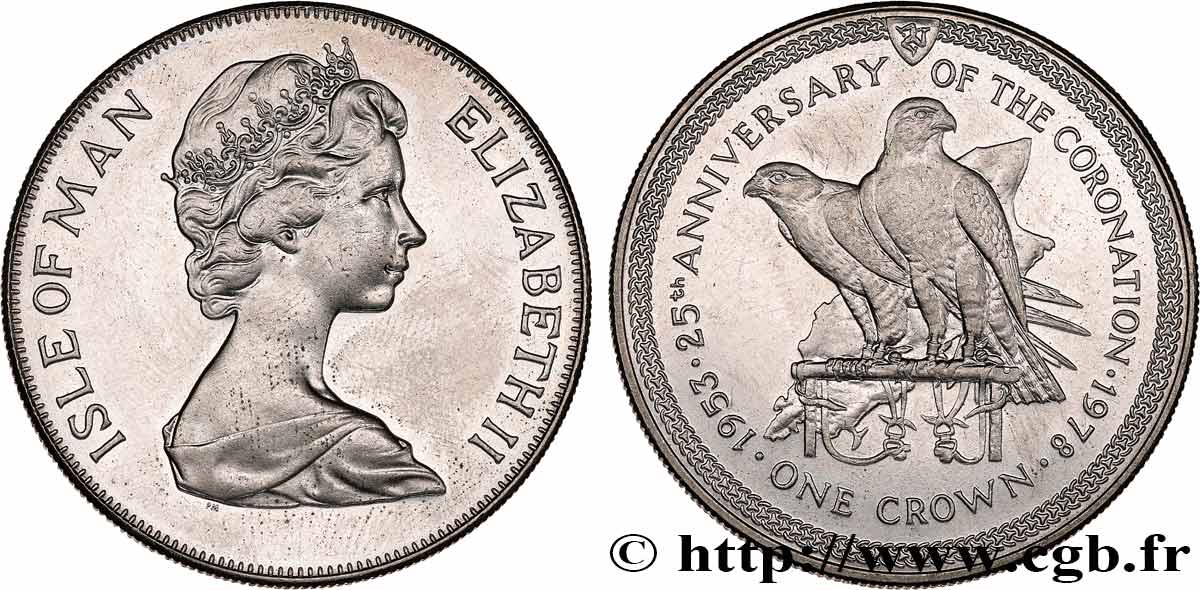 ISLE OF MAN 1 Crown 25e anniversaire du couronnement : Elisabeth II / deux faucons 1978  AU 