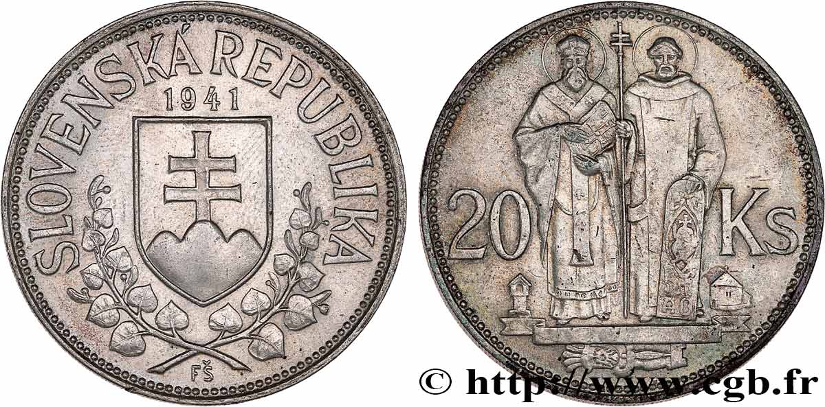 ESLOVAQUIA 20 Korun St Cyril et St Méthode variété avec croix à simple barre 1941  EBC 