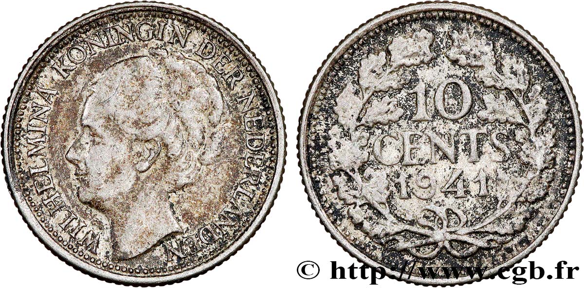 NETHERLANDS 10 Cents Wilhelmine 1941 Utrecht AU 